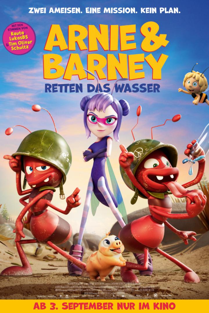 Filmplakat zu „Arnie & Barney – Retten das Wasser“ mit zwei Ameisen in Helmen, einer lila Figur, einem kleinen Wesen und der Biene Maja.