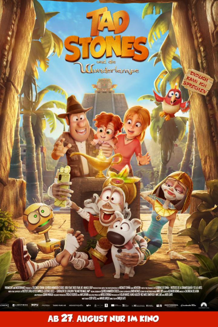 Animierter Abenteuerfilm-Poster mit Dschungelruinen, mehreren Figuren und dem Titel „Tad Stones und die Wunderlampe“.