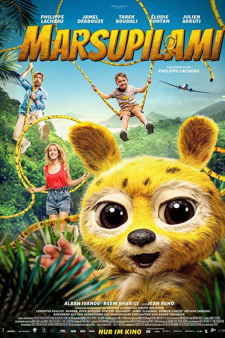 Filmplakat für „MARSUPILAMI“ mit großem gelbem Tier im Dschungel und mehreren Darstellern, die am Schwanz des Fatasietieres klettern oder schaukeln