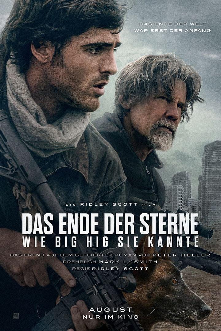 Zwei bewaffnete Männer und ein Hund vor einer zerstörten Stadtkulisse auf dem Filmplakat zu „Das Ende der Sterne“ von Regisseur Ridley Scott.