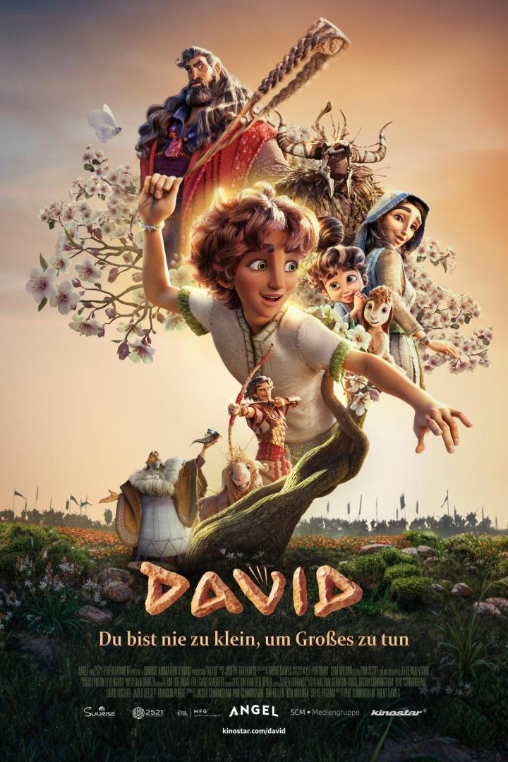 Filmplakat mit animierten Figuren, einem David mit Schleuder und dem Titel „DAVID“ vor blühendem Hintergrund.