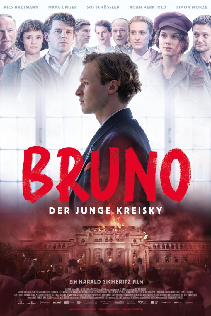 Filmplakat zu „Bruno – Der junge Kreisky“: Ein Mann im Profil vor einer brennenden Regierungsgebäude-Szene und mehreren Porträts.