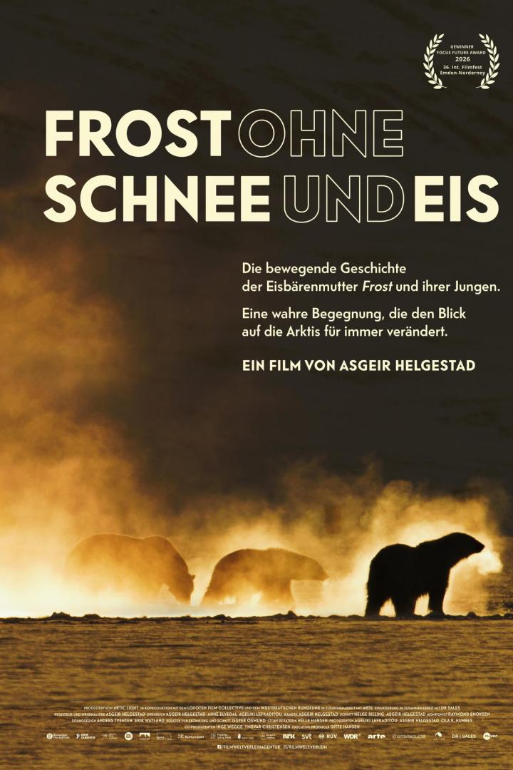 Filmplakat für „Frost ohne Schnee und Eis“ von Asgeir Helgestad mit einer Eisbärenmutter und ihren Jungen vor einem golden leuchtenden Hintergrund.