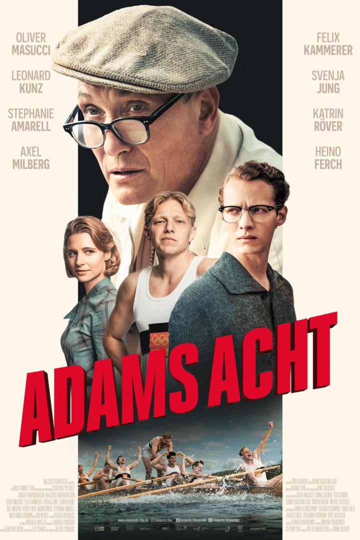 Filmplakat zu „Adams Acht“ mit Oliver Masucci, Felix Kammerer und weiteren Darstellern sowie einem jubelnden Ruderteam auf dem Wasser.