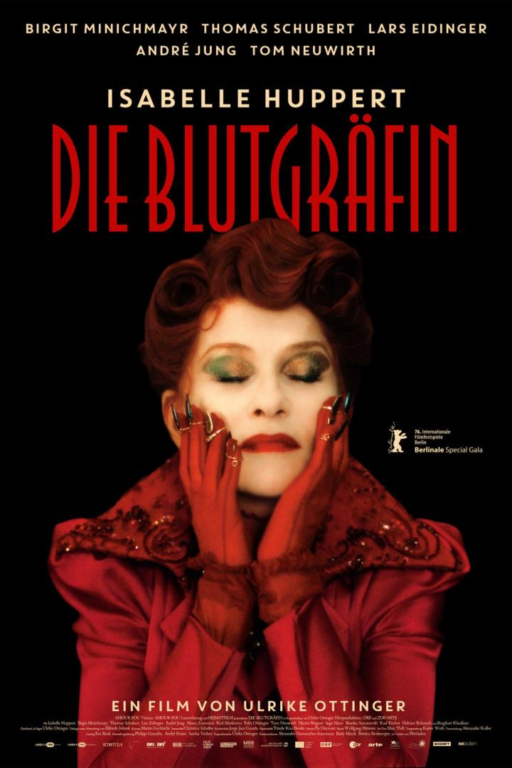 Filmplakat für „Die Blutgräfin“ von Ulrike Ottinger mit Isabelle Huppert in roter Kleidung und mit langen Fingernägeln vor schwarzem Hintergrund.