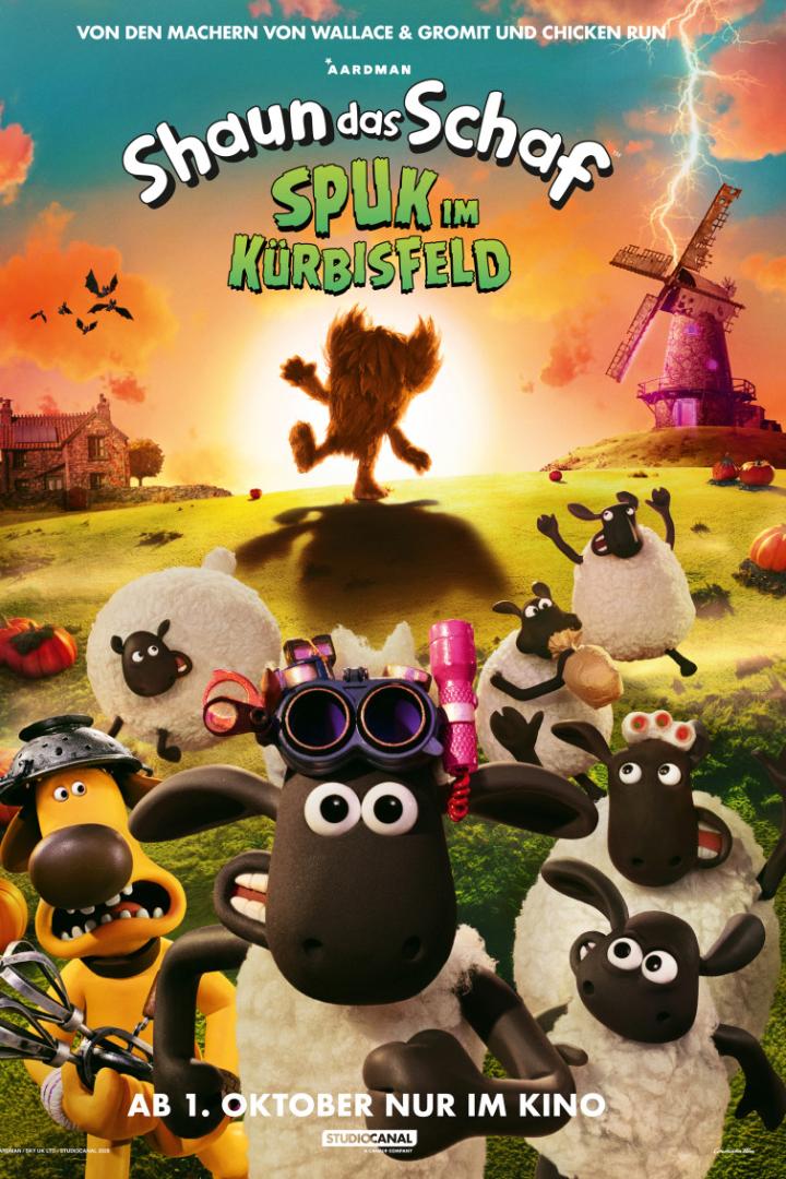 Filmplakat zu „Shaun das Schaf: Spuk im Kürbisfeld“ mit Shaun, Bitzer und weiteren Schafen vor einer herbstlichen Kulisse mit Windmühle und Kürbissen.