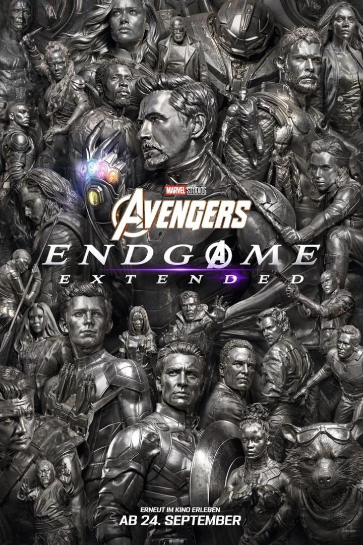 Das Filmplakat zu Avengers: Endgame zeigt eine metallisch glänzende Collage zahlreicher Marvel-Superhelden um Iron Man und Captain America.