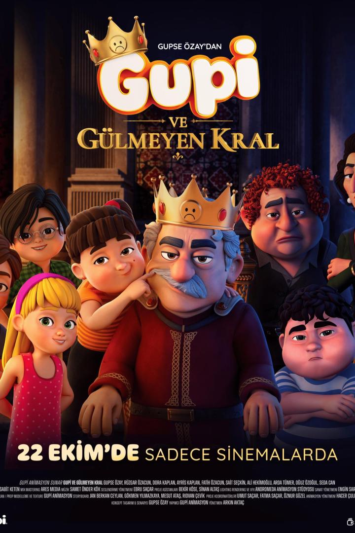 Animierter Filmplakat mit einem traurigen König und mehreren Kindern unter dem Titel „Gupi ve Gülmeyen Kral“.