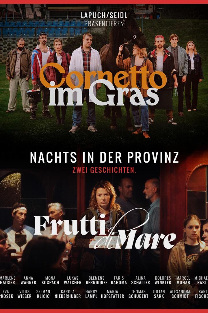 Filmplakat mit zwei Ensemble-Szenen: oben „Cornetto im Gras“, unten „Frutti di Mare“ mit dem Titel „Nachts in der Provinz – Zwei Geschichten.“