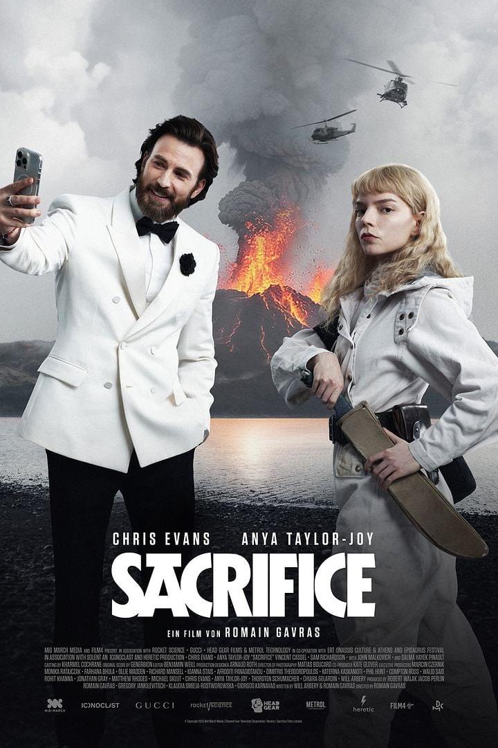 Filmposter zu „Sacrifice“ mit Chris Evans im weißen Smoking beim Selfie und Anya Taylor-Joy in weißer Kleidung vor einem ausbrechenden Vulkan.