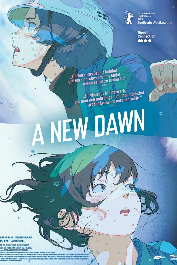 Anime-Plakat mit zwei Jugendlichen und dem Titel „A NEW DAWN“.