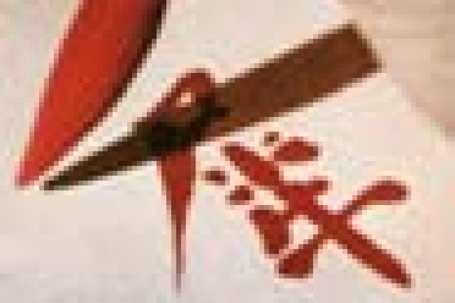 Ein roter Pinsel liegt auf einem Blatt Papier mit chinesischen Schriftzeichen.