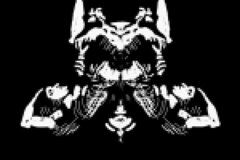 Eine Schwarz-Weiß-Illustration mit symmetrischen, stilisierten menschlichen Figuren.