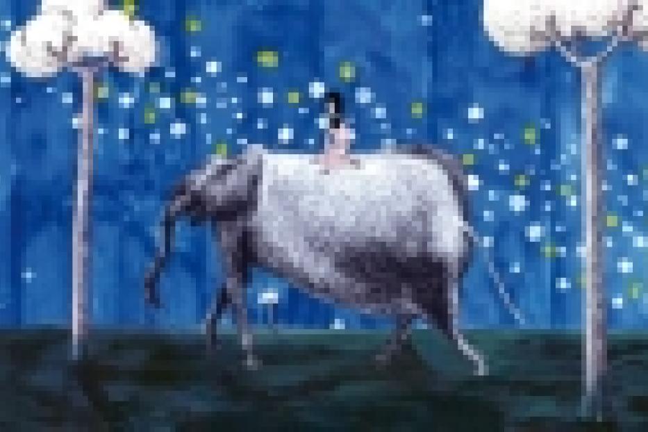 Ein Mädchen reitet auf einem Elefanten durch eine fantastische Landschaft.