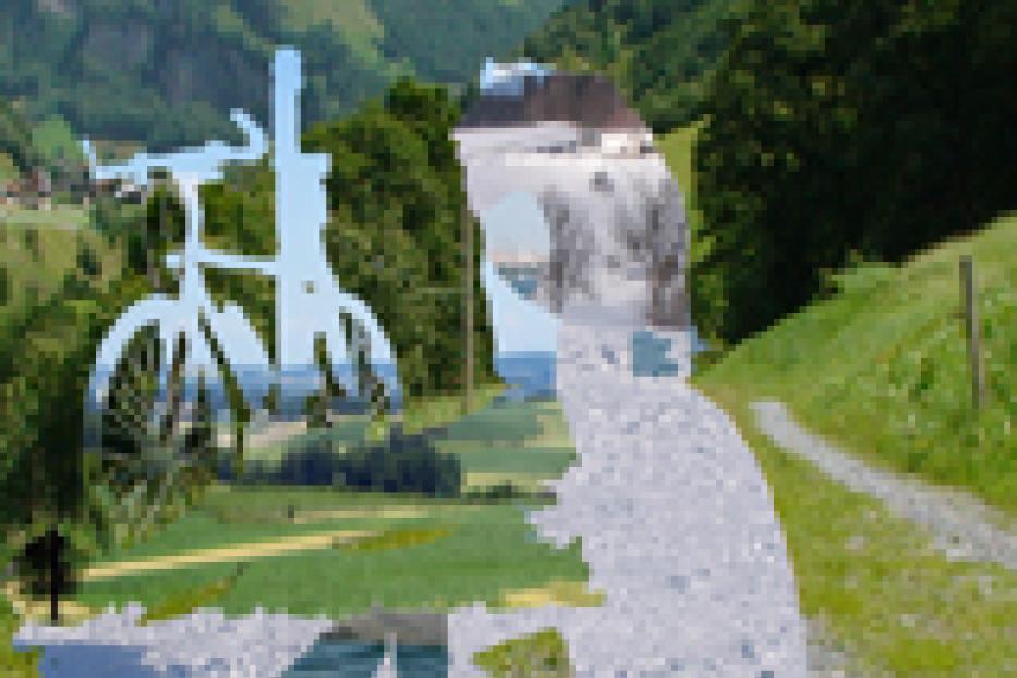 Eine silberne Fahrradskulptur steht vor einer grünen Landschaft.