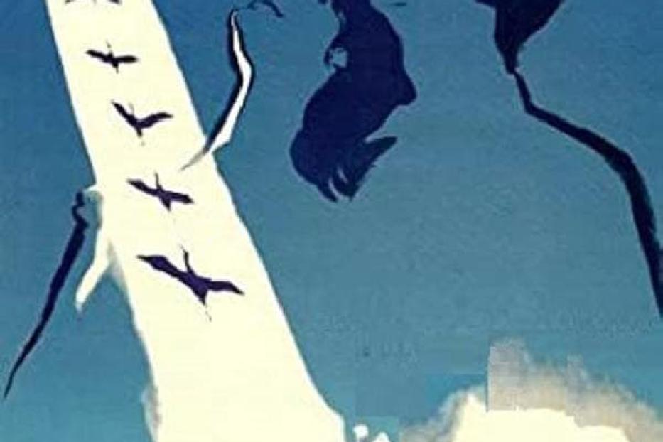 Das Filmplakat für „Wenn die Kraniche ziehen“ zeigt ein Paar und eine fliegende Kranichformation.