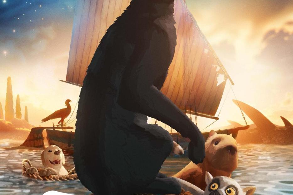 Ein schwarzer Kater sitzt auf einem Segelboot, umgeben von weiteren animierten Tieren, aus dem Film „Flow“.