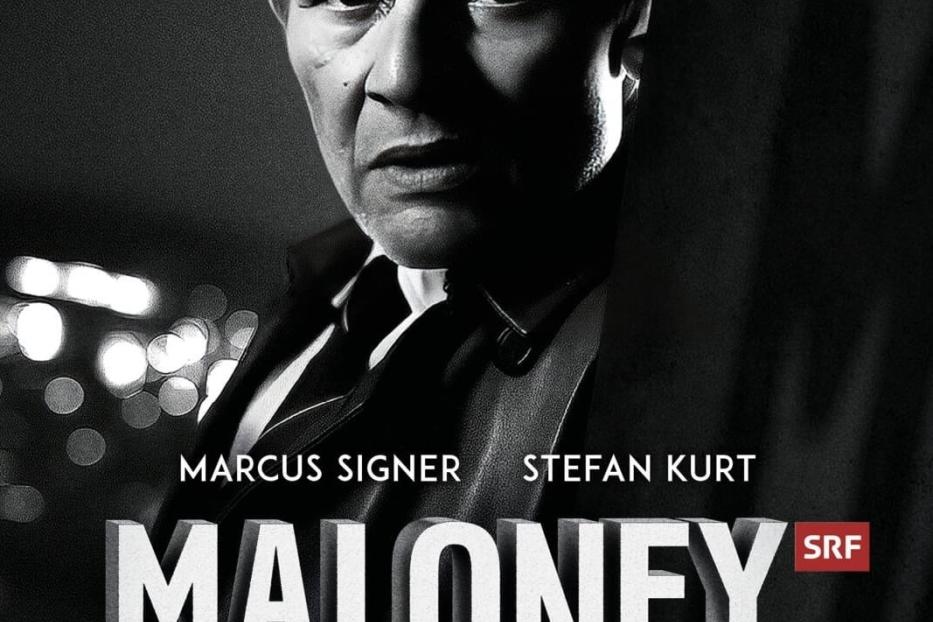 Schwarzweiß-Poster für „Maloney“ mit Marcus Signer in der Titelrolle.