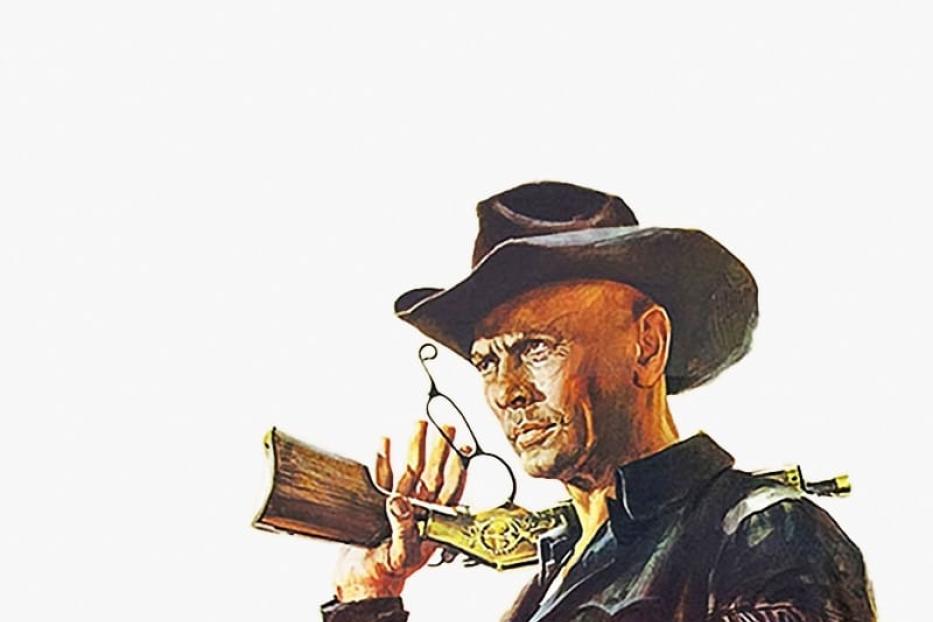 Das Filmplakat für „Adios Sabata“ zeigt Yul Brynner mit Gewehr und Cowboyhut.