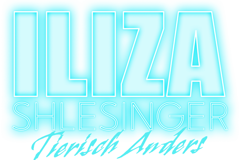 Das stilisierte Logo für Iliza Shlesinger auf hellblauem Hintergrund.