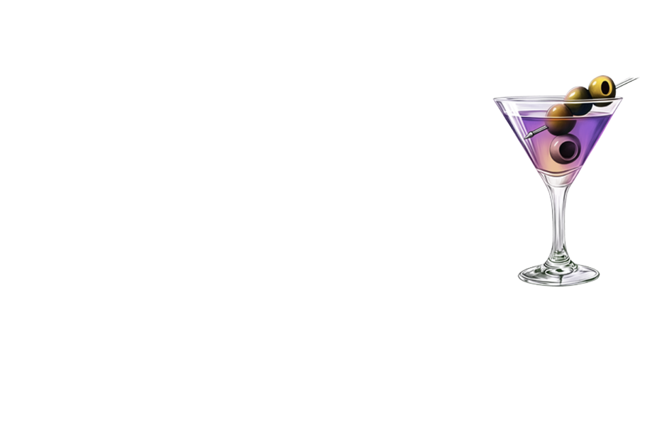 Der Schriftzug „Ein Cocktail zu viel“ mit einem Cocktailglas im Hintergrund.