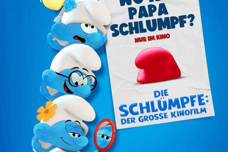 Das Filmplakat für „Die Schlümpfe: Der große Kinofilm“ zeigt die Schlümpfe und die Frage „Wo ist Papa Schlumpf?“.