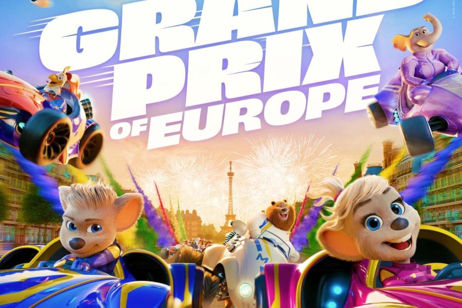 Das Filmplakat für „Ed & Edda – Grand Prix of Europe“ zeigt animierte Figuren in Rennwagen vor der Skyline von Paris.
