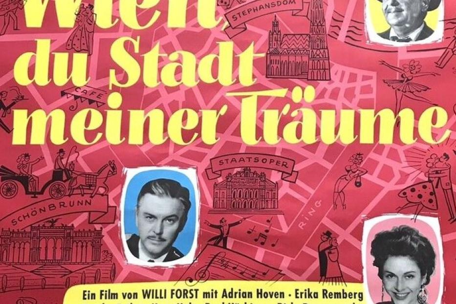 Das Filmplakat für „Wien, du Stadt meiner Träume“ zeigt die Stadtkarte und Porträts der Schauspieler.
