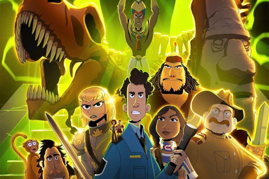 Das animierte Filmplakat für „Nachts im Museum: Kahmunrah kehrt zurück“ zeigt verschiedene Charaktere vor grünem Hintergrund.