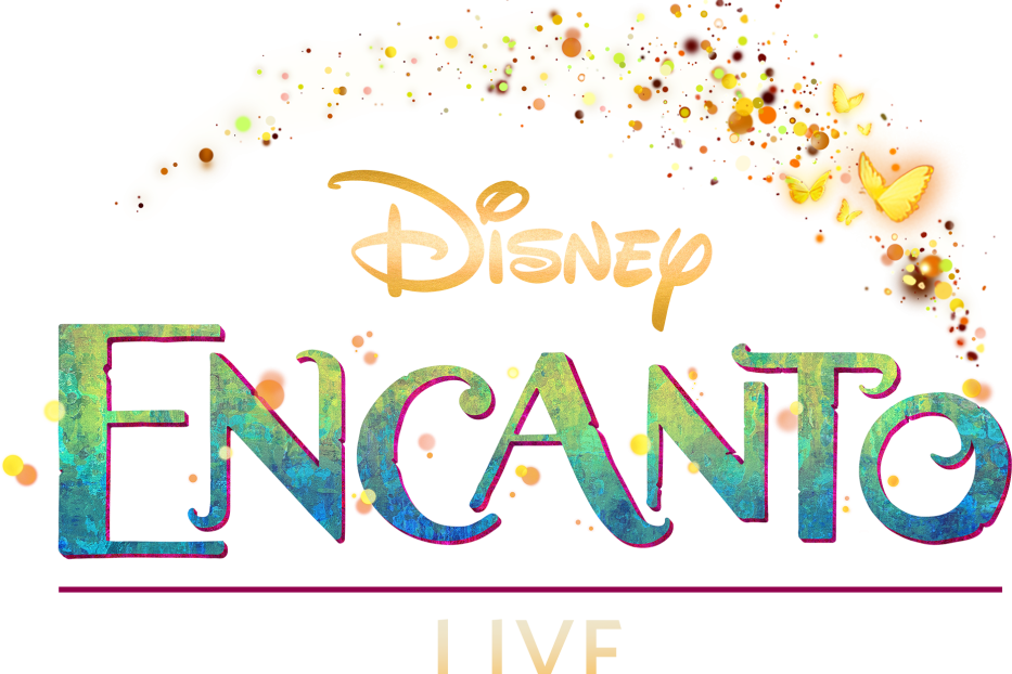 Das farbenfrohe Logo des Films „Encanto“ mit Schmetterlingen und magischen Elementen.