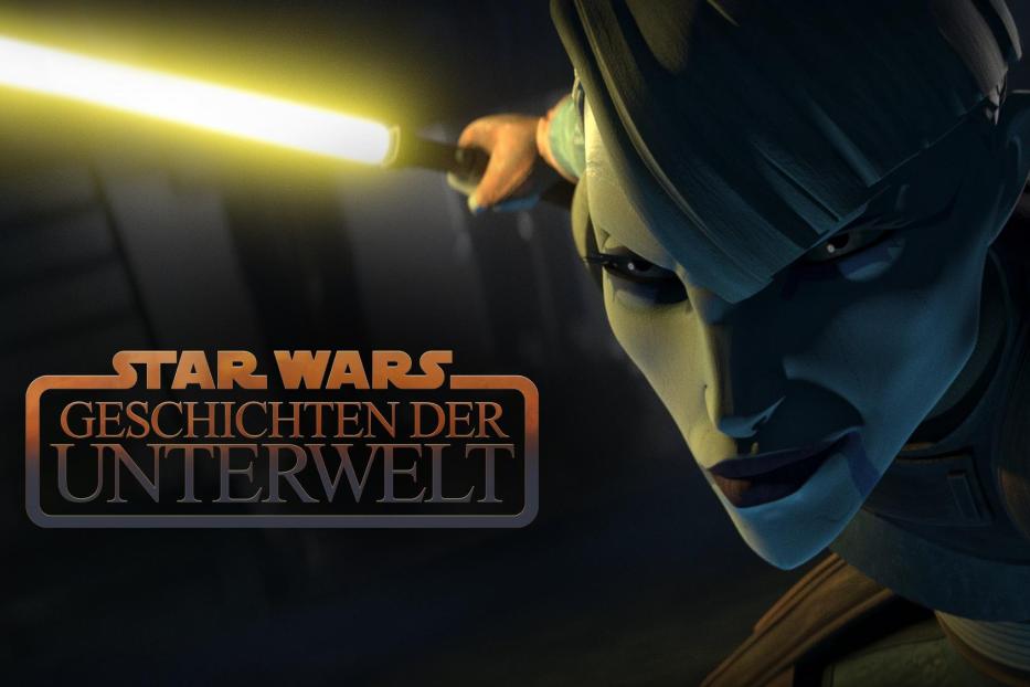 Ein animiertes Porträt von Asajj Ventress mit einem gelben Lichtschwert vor dem Logo von „Star Wars: Geschichten der Unterwelt“.