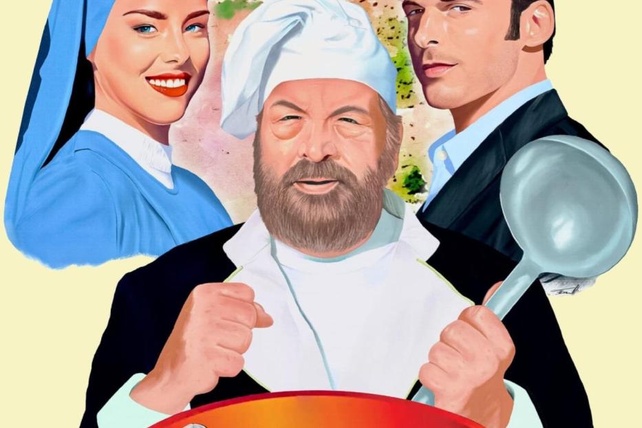 Das Filmplakat für „Ein Koch für alle Fälle“ zeigt Bud Spencer als Koch zwischen einer Nonne und einem Mann im Anzug.