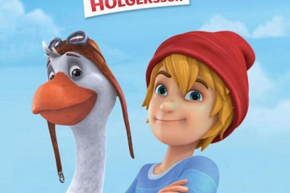 Der Junge Nils Holgersson mit einer Gans, beide tragen rote Mützen.