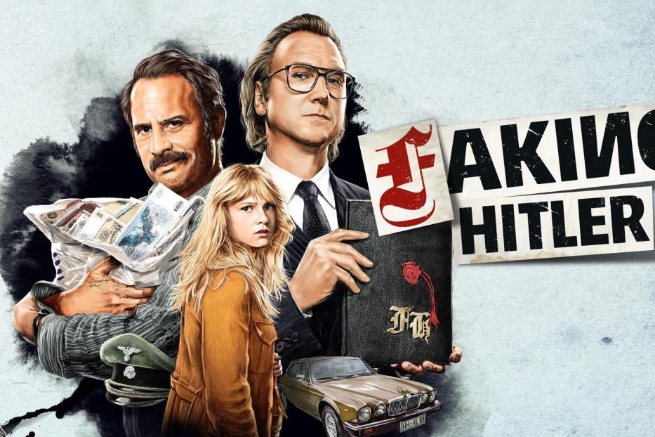 Das Poster zur Dokumentation „Taking Hitler“ zeigt drei Personen, einen Wagen und NS-Devotionalien.