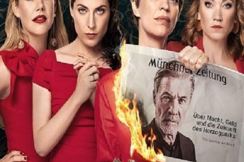 Das Poster für die Serie „Herzogpark“ zeigt vier Frauen in roten Kleidern, von denen eine eine brennende Zeitung hält.