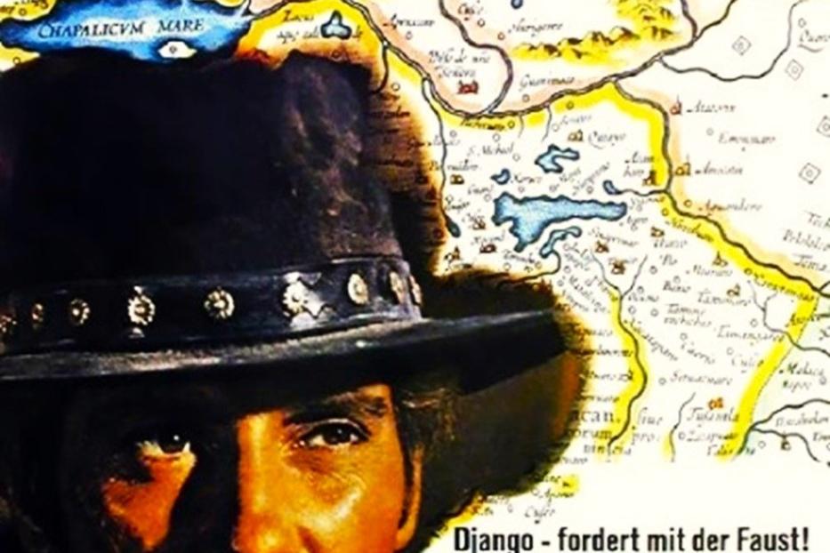 Das Filmplakat für „Django und leck mir die Stiefel“ zeigt Robert Woods vor einer alten Karte.