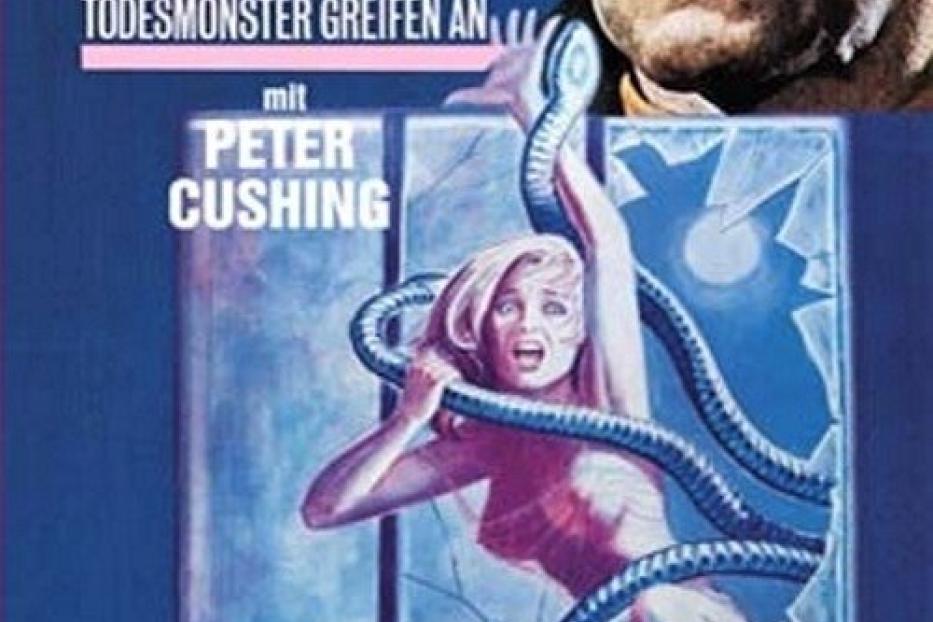 Das Filmplakat für „Insel des Schreckens“ zeigt eine Frau, die von einer Schlange angegriffen wird.