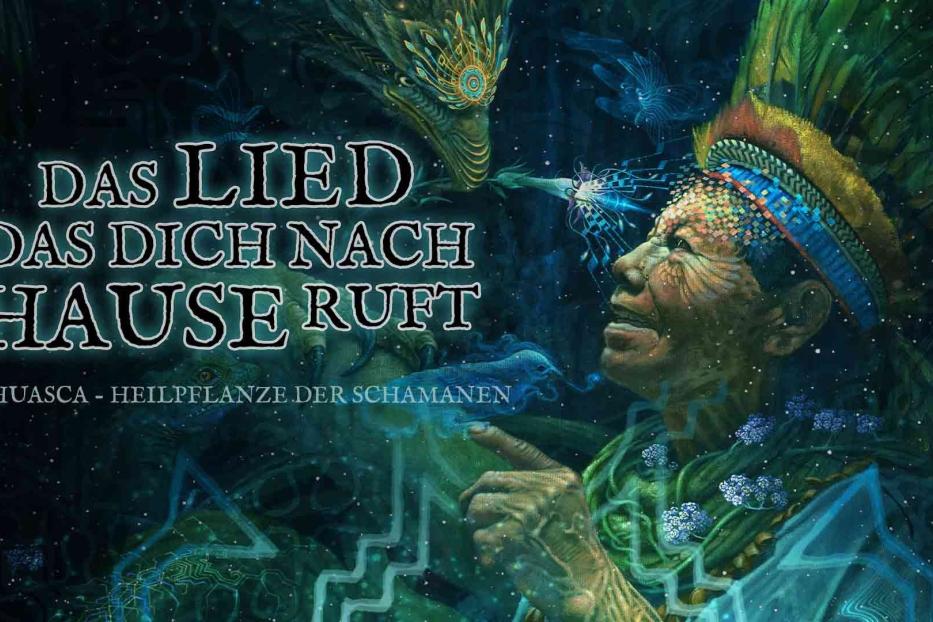 Ein Schamane mit Kopfschmuck, umgeben von spirituellen Symbolen und dem Text „Das Lied, das dich nach Hause ruft“.