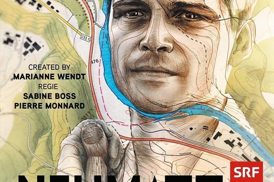 Das Filmplakat für „Neumatt“ zeigt das Gesicht eines Mannes über einer topografischen Karte.