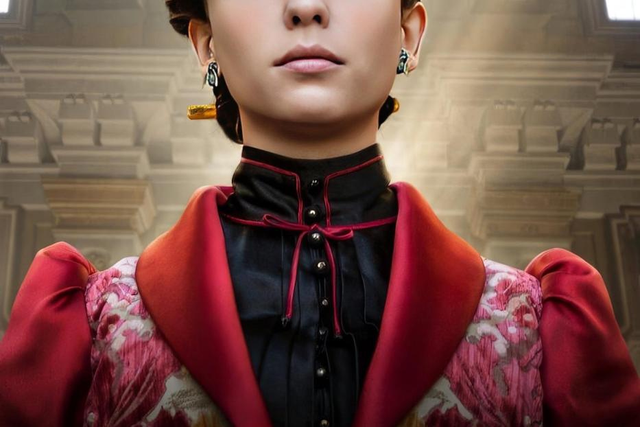 Eine junge Frau mit Hut und rotem Kleid, im Hintergrund ein Gebäude, vermutlich ein Filmposter für „Lidia Poët“.