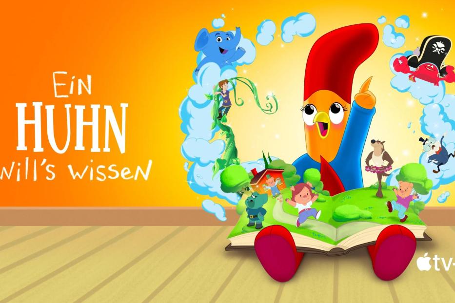 Das Titelbild der Kindersendung „Ein Huhn will's wissen“ auf Apple TV+ mit einem animierten Huhn und anderen Figuren.