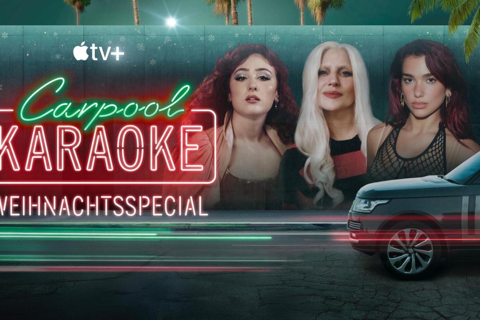 Das Werbeplakat für das „Carpool Karaoke“-Weihnachtsspecial mit drei Sängerinnen und einem Auto.