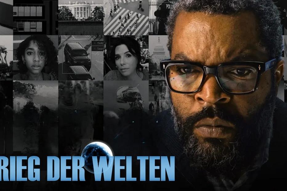 Ein Mosaik-artiges Bild mit dem Schauspieler Ice Cube und dem Titel „Krieg der Welten“.