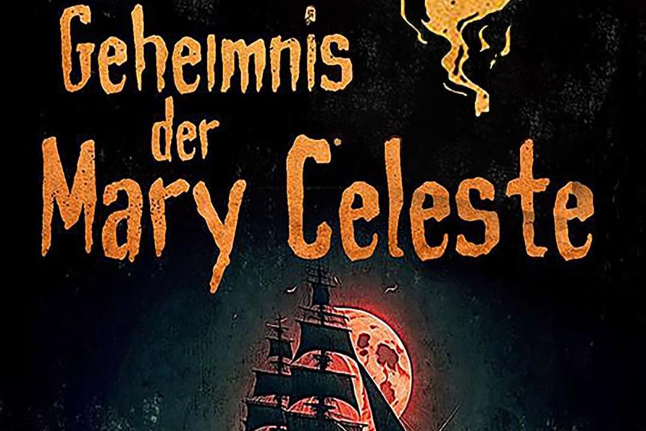 Buchcover für „Das Geheimnis der Mary Celeste“ mit einem Segelschiff vor einem roten Mond und einem Totenkopf.