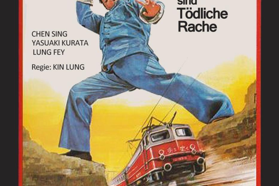 Ein Mann in Kampfpose steht vor einem roten Zug auf dem Cover von „Chen Sing – Der Superhammer“.