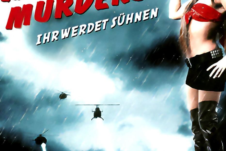 Das Filmplakat für „Westbrick Murders“ zeigt eine bewaffnete Frau und Hubschrauber im Regen.