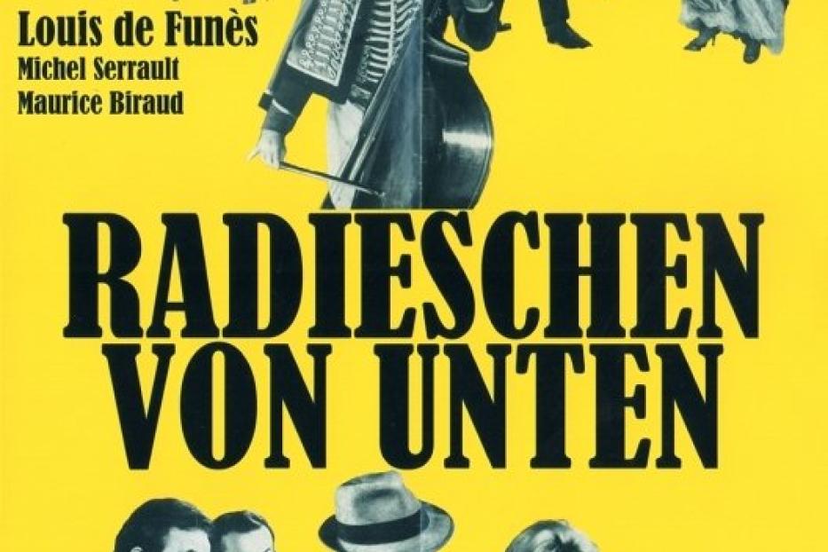 Das Filmplakat für „Radieschen von unten“ zeigt Louis de Funès und andere Darsteller.