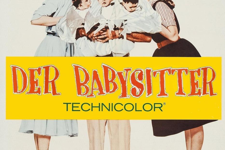 Das Filmplakat zu „Der Babysitter“ mit Jerry Lewis, umgeben von Babys und zwei Frauen.