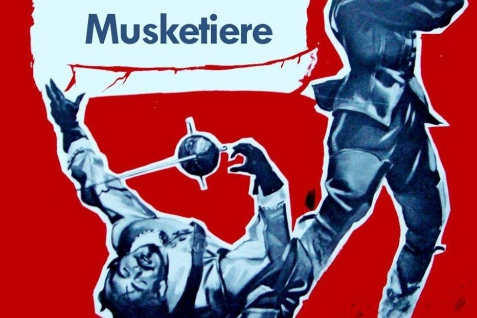 Ein Filmposter für „Das Zeichen der Musketiere“ zeigt zwei duellierende Männer.
