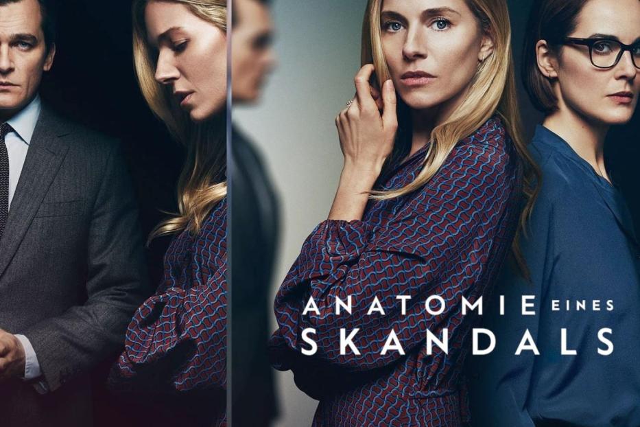 Das Filmplakat zu „Anatomie eines Skandals“ zeigt drei Hauptdarsteller vor dunklem Hintergrund.
